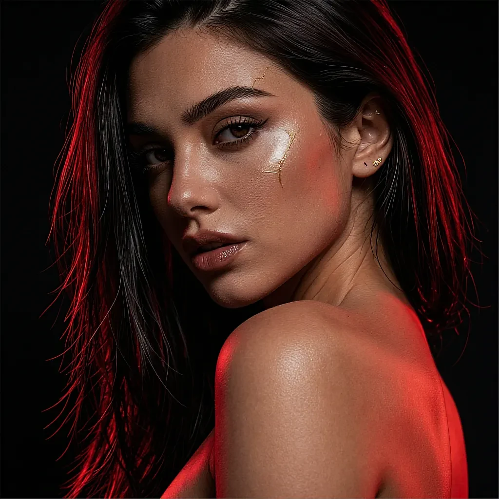 Dark-haired woman close-up portrait with dramatic red backlighting and gold face accents