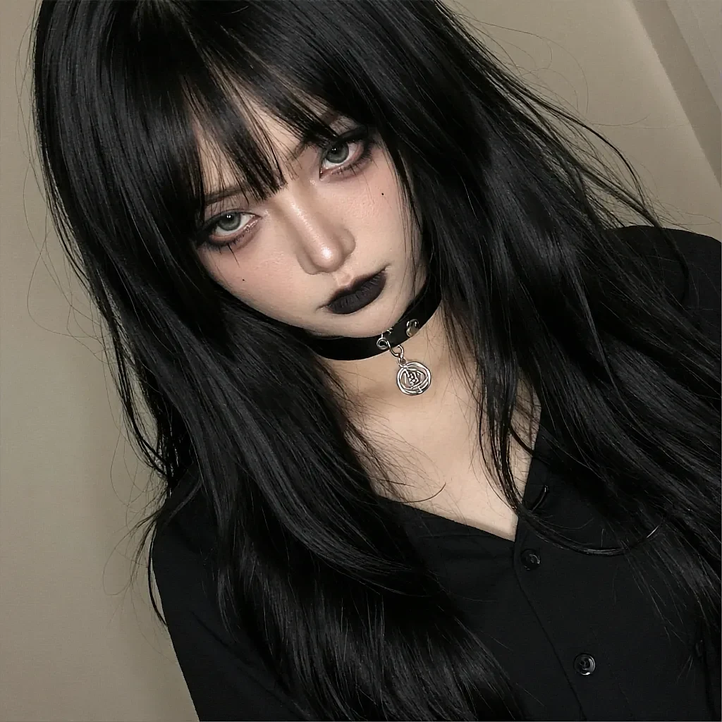 Long black-haired woman with bangs and black lipstick wearing a pendant choker, gothic style