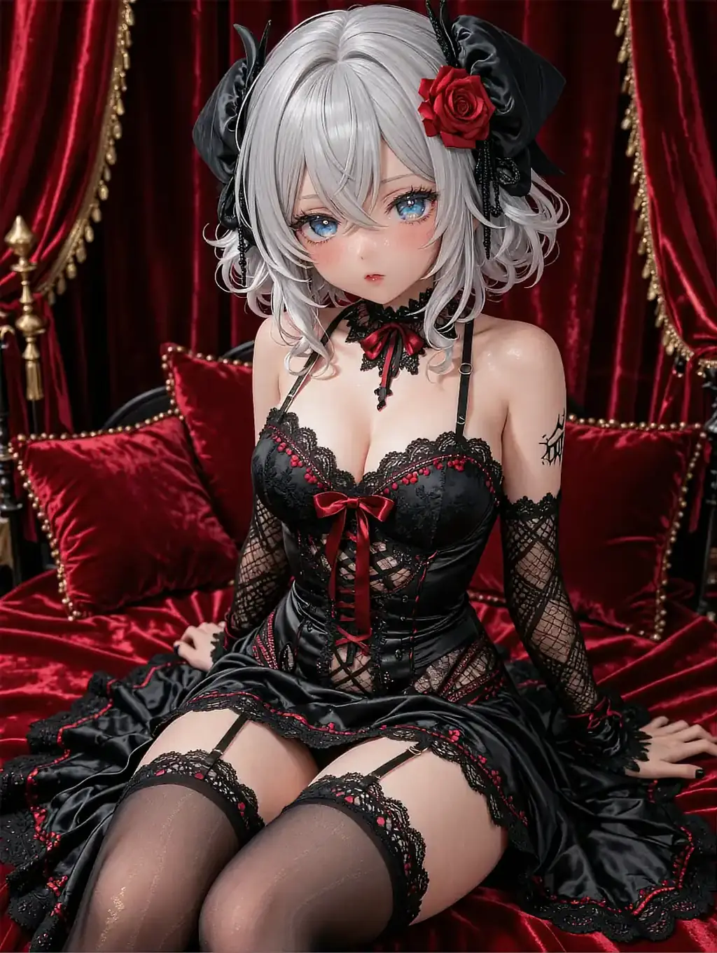 Silver-haired anime-style character in black-and-red gothic lace corset on red velvet cushions