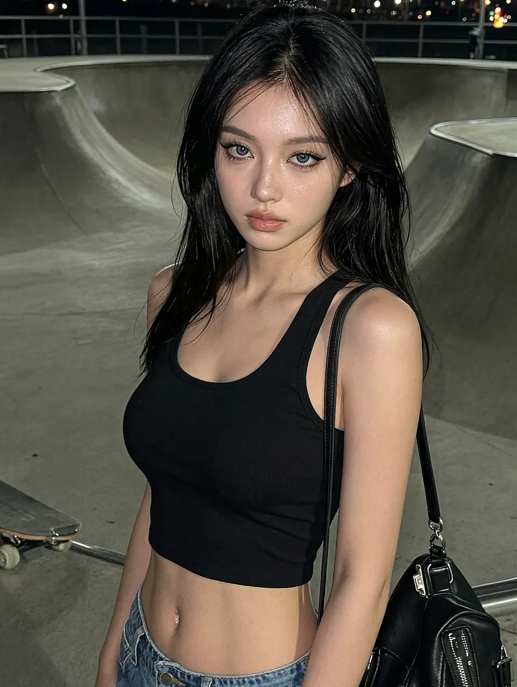Black-haired woman in a black crop tank and jeans at a skatepark at night with a shoulder bag