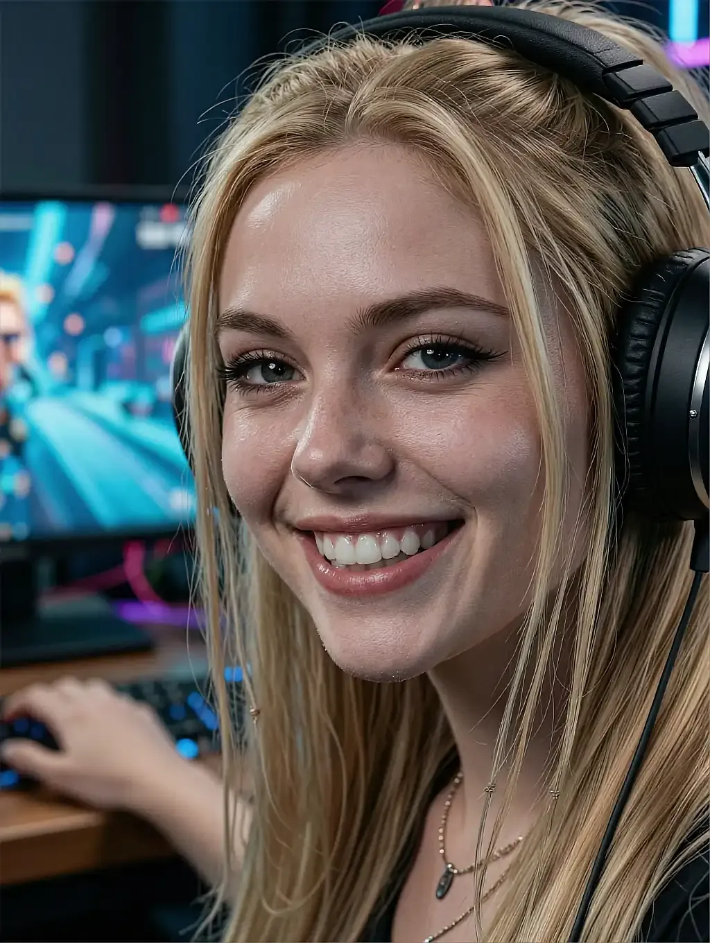 Blonde woman wearing headphones and smiling at a gaming desk with a colorful monitor behind
